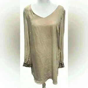 Pink Owl Tan Beaded Dress Long Sleeve Midi